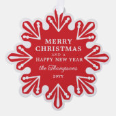 Modern Red Snowflake Frohe Weihnachten Foto Ornament Karte (Vorderseite)