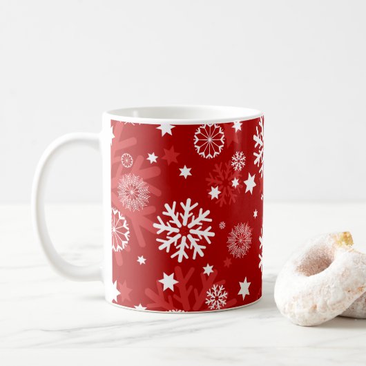 Modern Red Snowflake Weihnachtskaffee Tasse (Mit Donut)