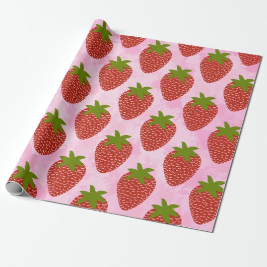 Modern Red Strawberry Pattern Pink Wasserfarbe Geschenkpapier (Ungerollt)