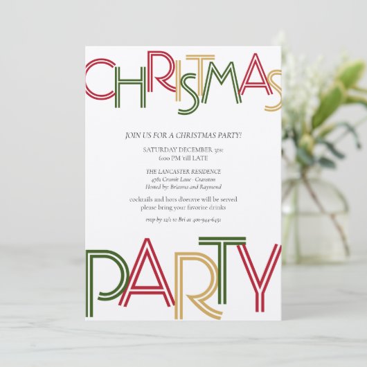 Modern Red Strips Green Gold Weihnachten Party  Einladung (Stehend Vorderseite)
