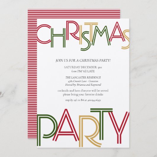 Modern Red Strips Green Gold Weihnachten Party Einladung (Vorne/Hinten)