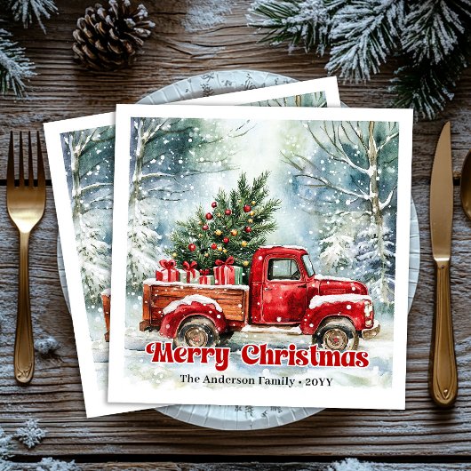 Modern red truck Christmas scene rustic napkins Serviette