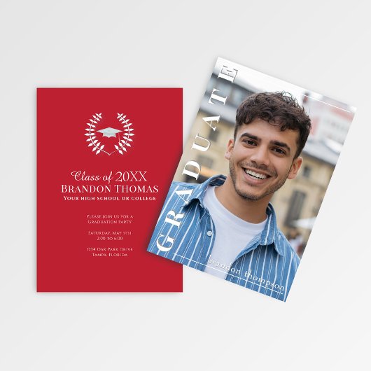 Modern Red Vertical Name Graduation Photo Card Einladung