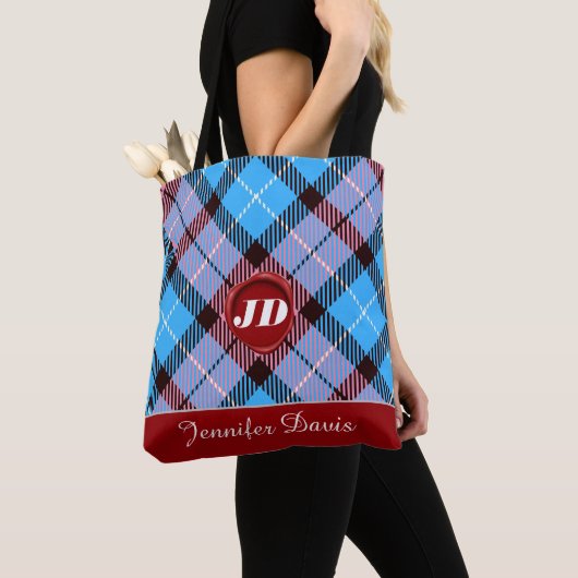 Modern Red Wax Monogram Script Name Kariert Tartan Tasche (Von Nahem)