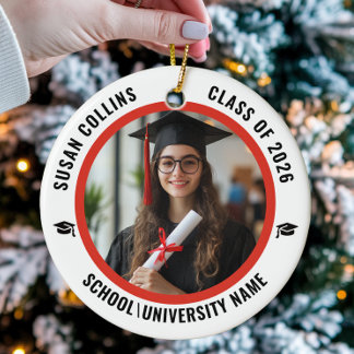 Modern Red & White Custom Photo Graduation Keramik Ornament