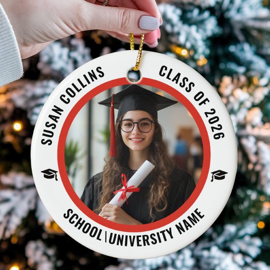 Modern Red & White Custom Photo Graduation Keramik Ornament