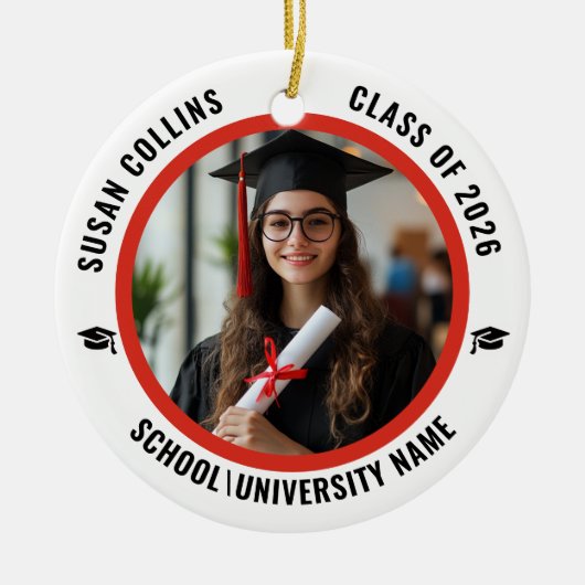 Modern Red & White Custom Photo Graduation Keramik Ornament (Vorne)