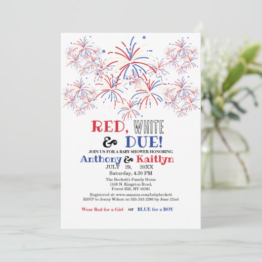 Modern Red White & Due 4th July Baby Shower Einladung (Stehend Vorderseite)