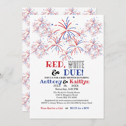 Modern Red White & Due 4th July Baby Shower Einladung (Vorne/Hinten)