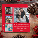 Modern Red White Foto Best Friends Christmas Karte<br><div class="desc">Moderne Rot-Weiß-Collagen mit einem großen Foto und 3 kleinen mit individualisierbarer Weihnachts- und Neujahrsbotschaft für Ihren besten Freund! Die Rückseite der Karte weist den gleichen roten Hintergrund auf und kann angepasst werden. Mögen alle Ihre Wünsche wahr werden! Placeholder Foto Credit: Nathan Dumlao, Jed Villejo & Hamil Tadschik aus Unsplash, vielen...</div>