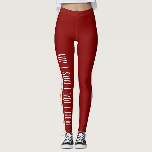 Modern Red White Gold Cat Weihnachten Leggings (Vorderseite)