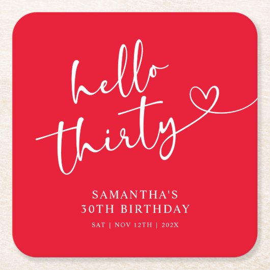 Modern Red White Hello 30th Birthday Rechteckiger Pappuntersetzer (Vorderseite)