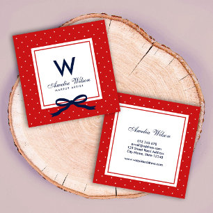 Modern Red White Polka Dot Red Ribbon Monogram Quadratische Visitenkarte