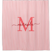 Modern Red & White Stripes Monogram Name Duschvorhang (Vorderseite)