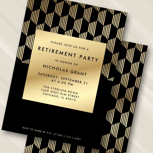 Modern Retirement Party Black and Gold Faux Foil Einladung