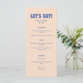 Modern Retro Blue & Beige 'Let's Eat!' Wedding Menükarte (Stehend Vorderseite)