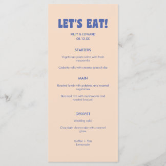 Modern Retro Blue & Beige 'Let's Eat!' Wedding Menükarte