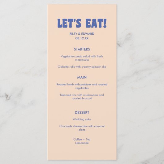 Modern Retro Blue & Beige 'Let's Eat!' Wedding Menükarte (Vorderseite)