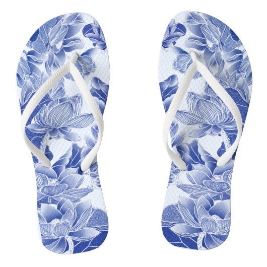 Modern Retro Blue Willow Chinoiserie Lotus Badesandalen (Fußbett)
