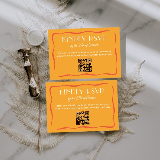 Modern Retro Bold Orange QR Code Wedding RSVP Card Karte