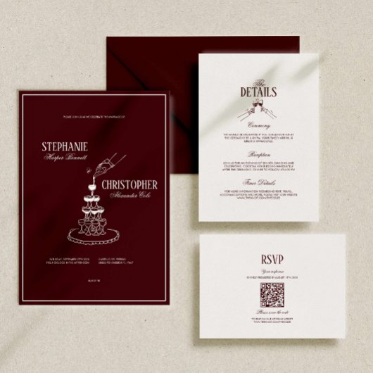 Modern Retro Burgundy Wedding QR Code RSVP Begleitkarte