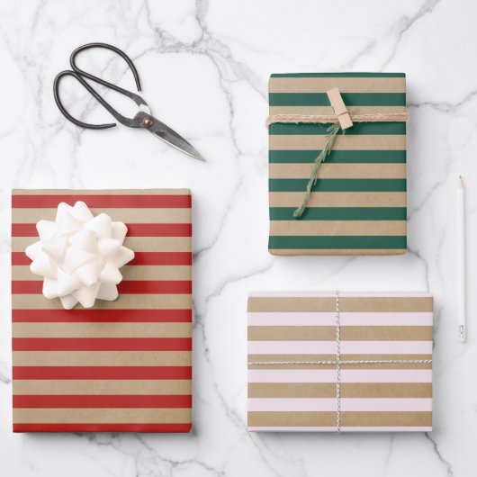 Modern Retro Cream Red Green Stripes Kraft  Geschenkpapier Set (Vorderseite)
