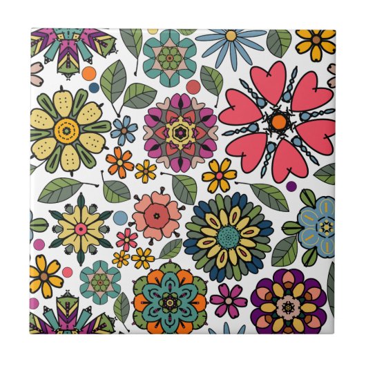 Modern Retro Floral Drawing Seamless Pattern Art Fliese (Vorderseite)