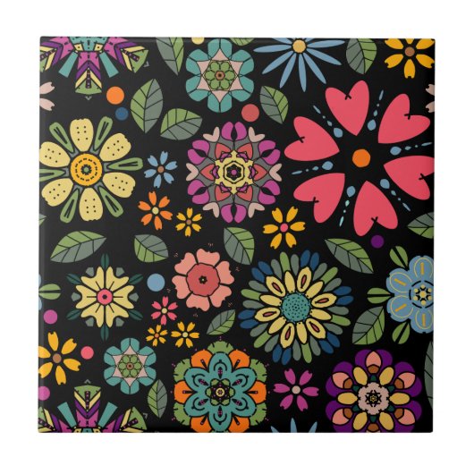 Modern Retro Floral Drawing Seamless Pattern Art Fliese (Vorderseite)