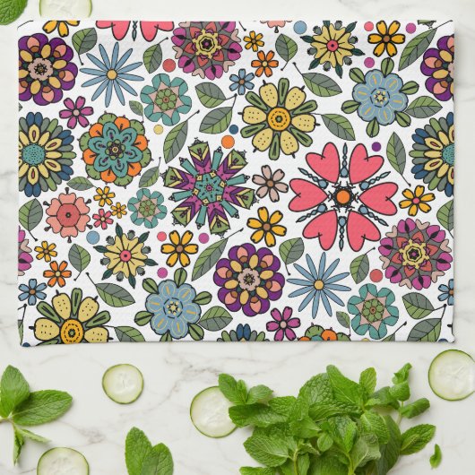 Modern Retro Floral Drawing Seamless Pattern Art Geschirrtuch (Gefaltet)