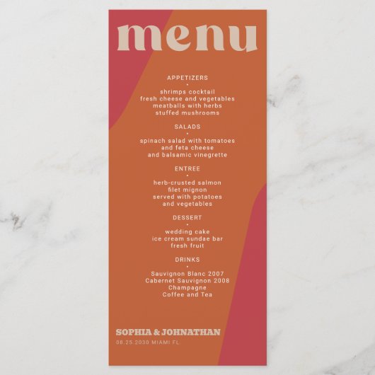 Modern retro groovy wedding template menu menükarte (Vorderseite)