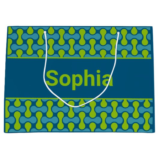 Modern Retro Link Pattern in Blue and Green Große Geschenktüte (Vorderseite)