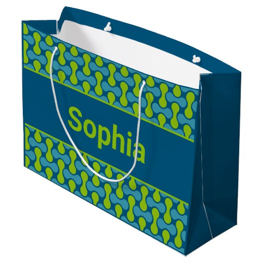 Modern Retro Link Pattern in Blue and Green Große Geschenktüte (Rückseite Schrägansicht)