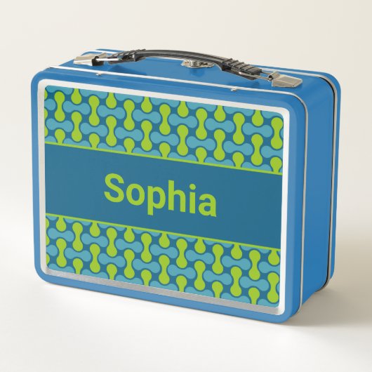 Modern Retro Link Pattern in Blue and Green Metall Brotdose (Rückseite)