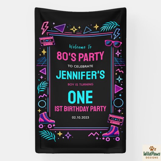 Modern Retro Neon 80’s 1st Birthday Party Banner