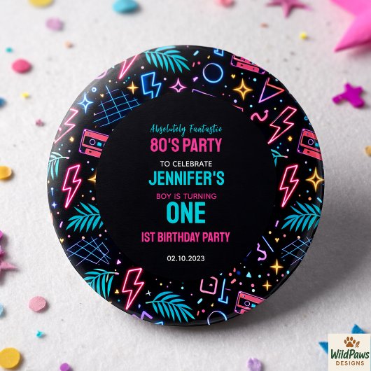 Modern Retro Neon 80’s 1st Birthday Party Button