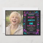 Modern Retro Neon 80’s 1st Birthday Party Einladung (Vorderseite)