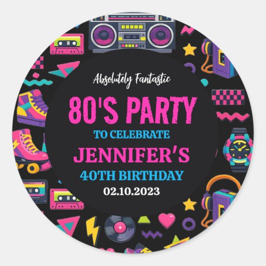 Modern Retro Neon 80’s Birthday Party for Adults Runder Aufkleber (Vorderseite)