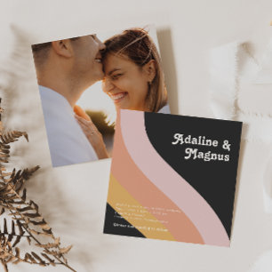 Modern Retro Rainbow Dark Square Photo Wedding Einladung