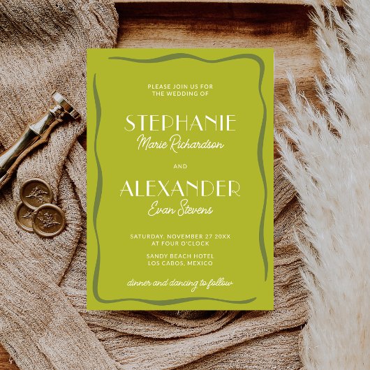 Modern Retro Vibrant Bold Citrus Green Wedding Einladung