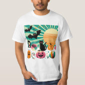 Modern Retro Wave Halloween Collage Black Cat Bats T-Shirt (Vorderseite)