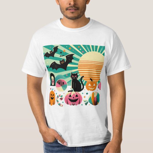 Modern Retro Wave Halloween Collage Black Cat Bats T-Shirt (Vorderseite)