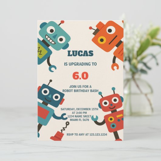 Modern Robot Birthday Einladung (Stehend Vorderseite)