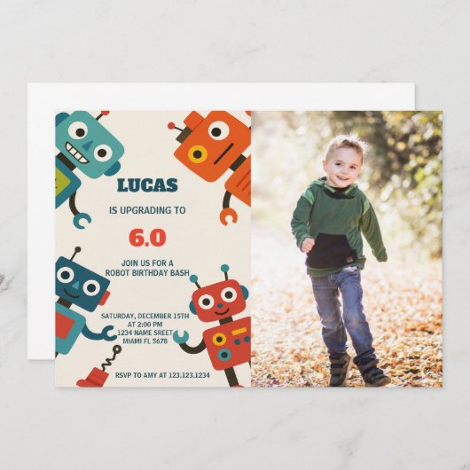 Modern Robot Birthday Einladung mit Foto (Vorne/Hinten)
