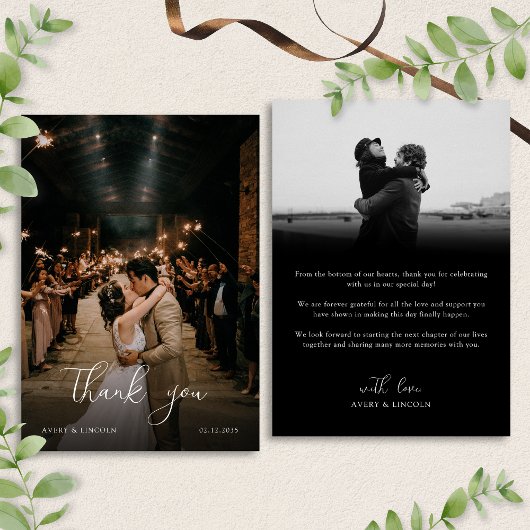 Modern Romantic Black & White Photo Script Wedding Dankeskarte