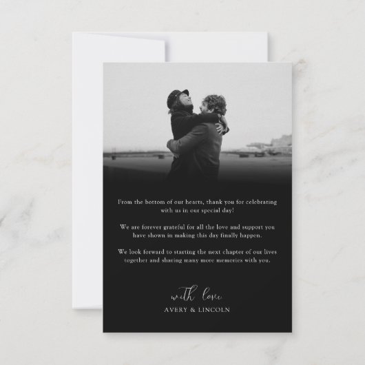 Modern Romantic Black & White Photo Script Wedding Dankeskarte (Rückseite)