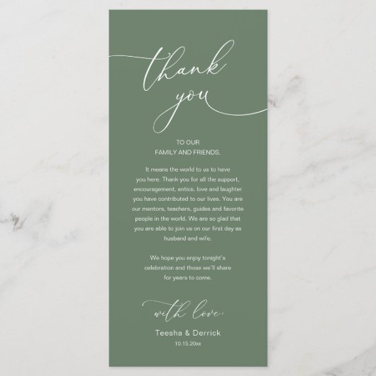 Modern Romantic Wedding Reception Thank You Card Programm (Vorderseite)