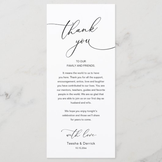 Modern Romantic Wedding Reception Thank You Card Programm (Vorderseite)