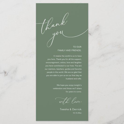 Modern Romantic Wedding Reception Thank You Card Programm (Vorderseite)