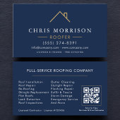 Modern Roofer Navy Blue Gold QR Code Visitenkarte
