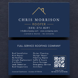 Modern Roofer Navy Blue Gold QR Code Visitenkarte